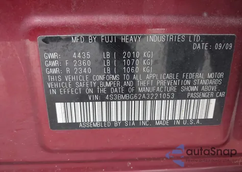 2010 Subaru Legacy 2.5I Premium from USA, damaged, VIN 4S3BMBG62A3221053